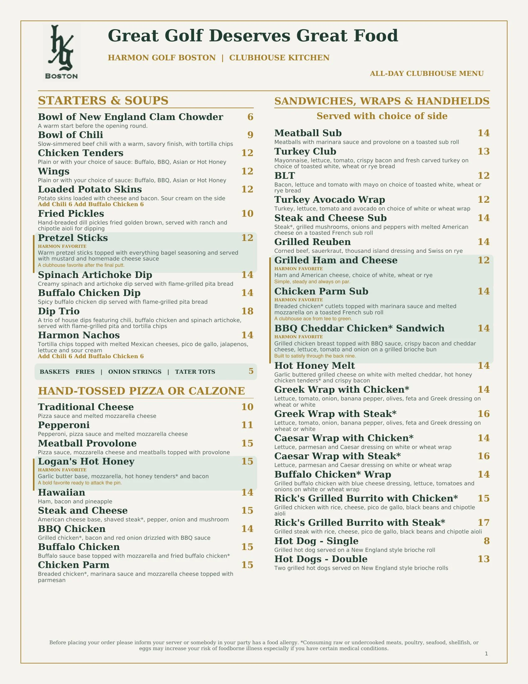 Harmon Golf Clubhouse Menu page 1