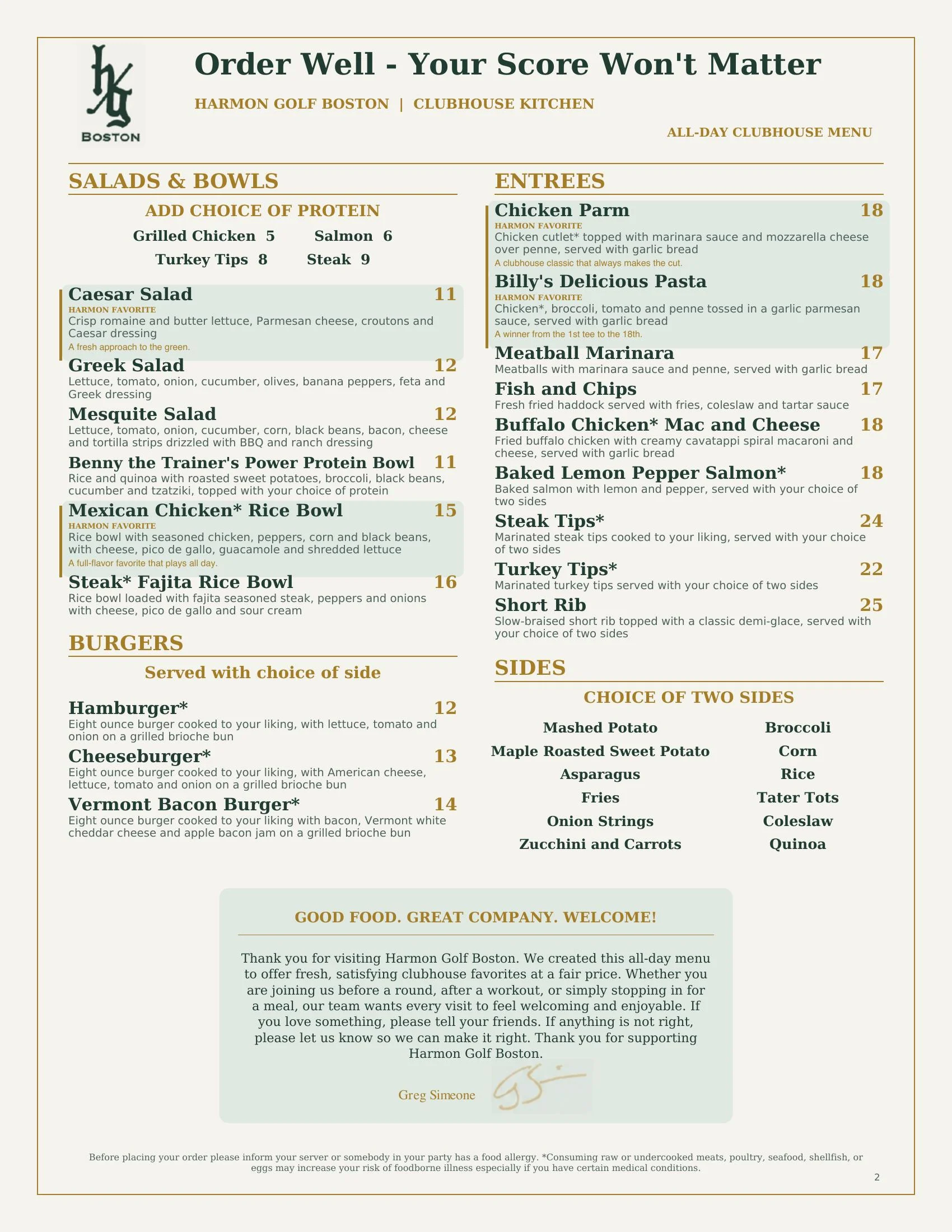 Harmon Golf Clubhouse Menu page 2